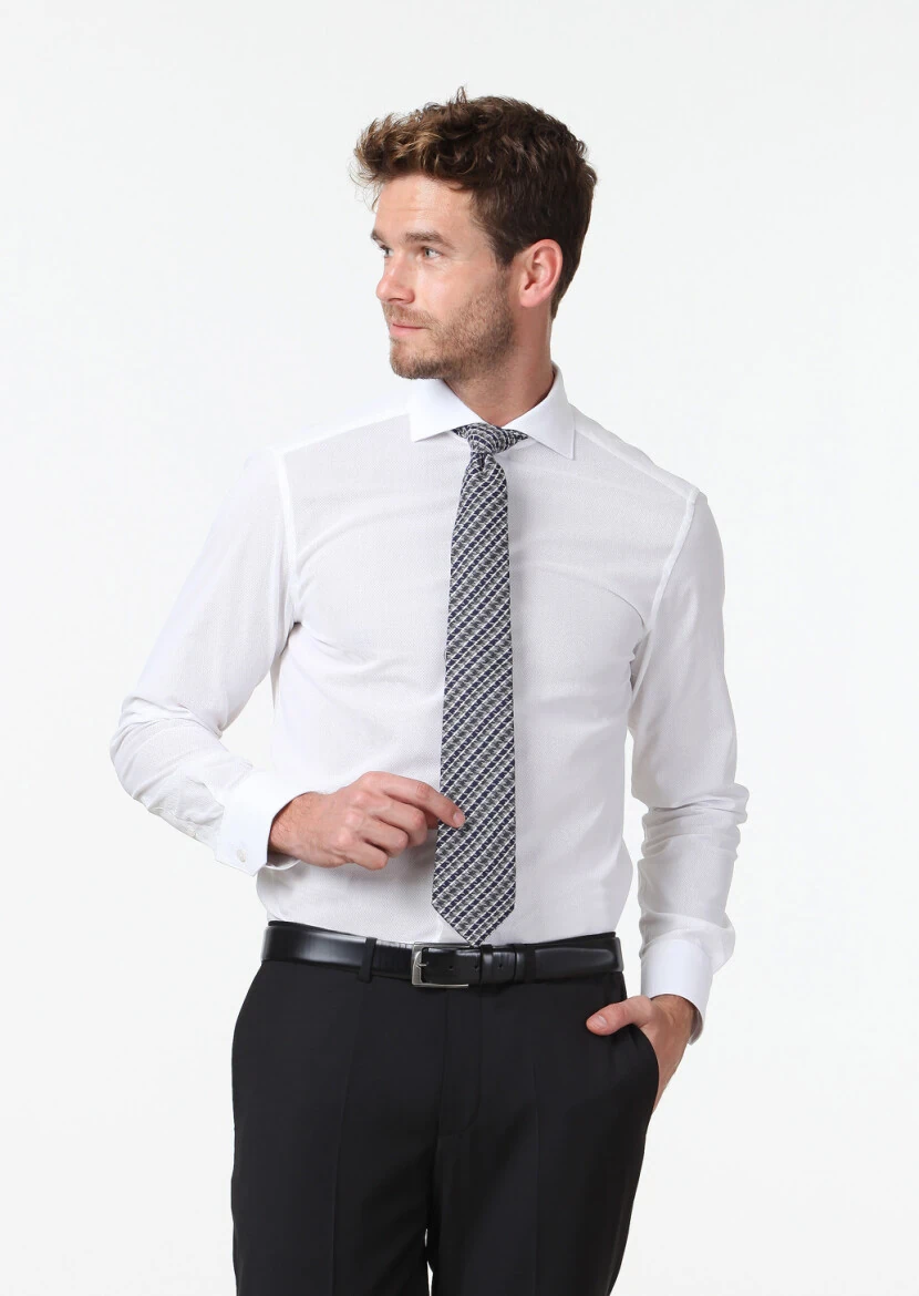 White Patterned Regular Fit Weaving Classical 100% Cotton Shirt - 1