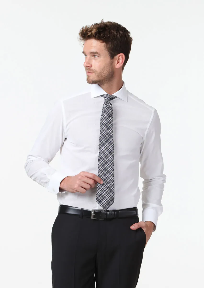 White Patterned Regular Fit Weaving Classical 100% Cotton Shirt - 1