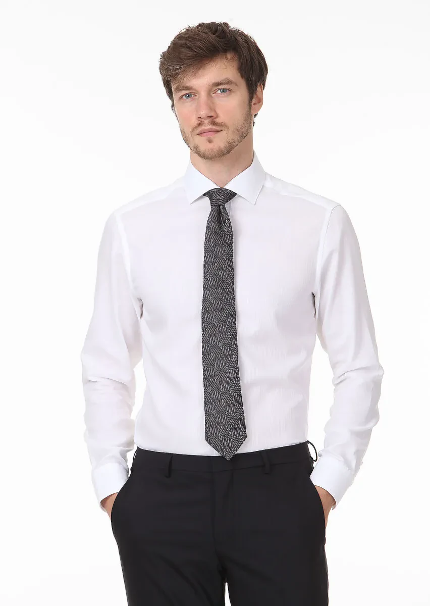 White Patterned Regular Fit Weaving Classical 100% Cotton Shirt - 1