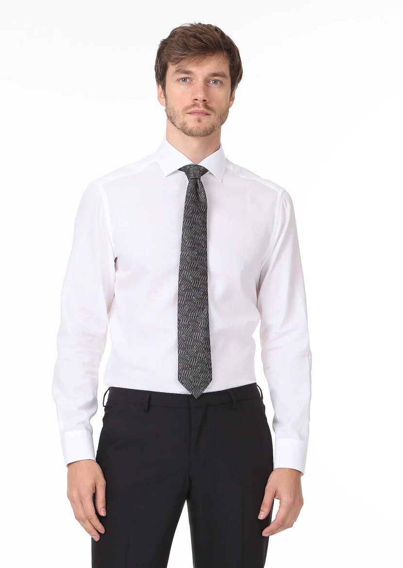 White Patterned Regular Fit Weaving Classical 100% Cotton Shirt - 3