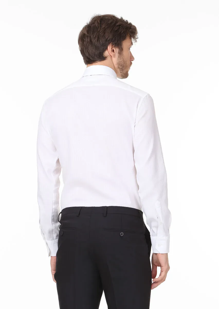 White Patterned Regular Fit Weaving Classical 100% Cotton Shirt - 4