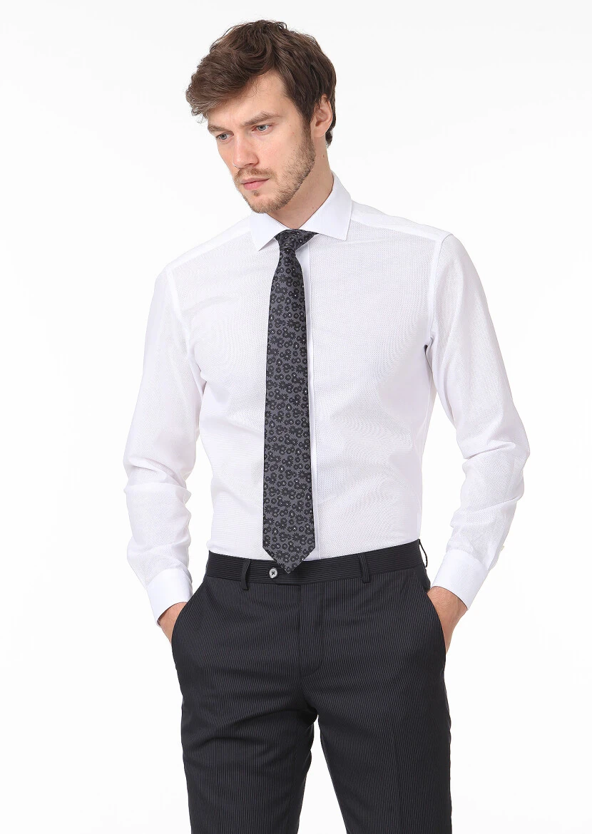 White Patterned Regular Fit Weaving Classical 100% Cotton Shirt - RAMSEY