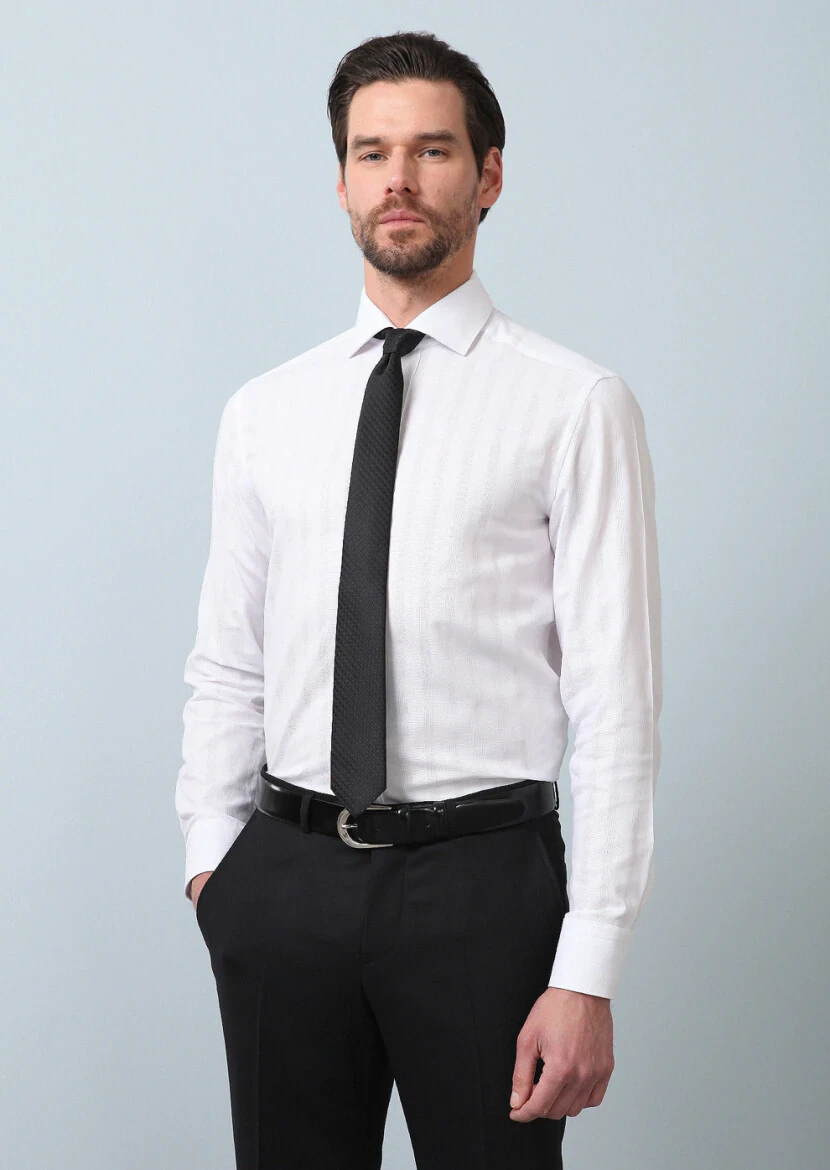 White Patterned Regular Fit Weaving Classical 100% Cotton Shirt - 3