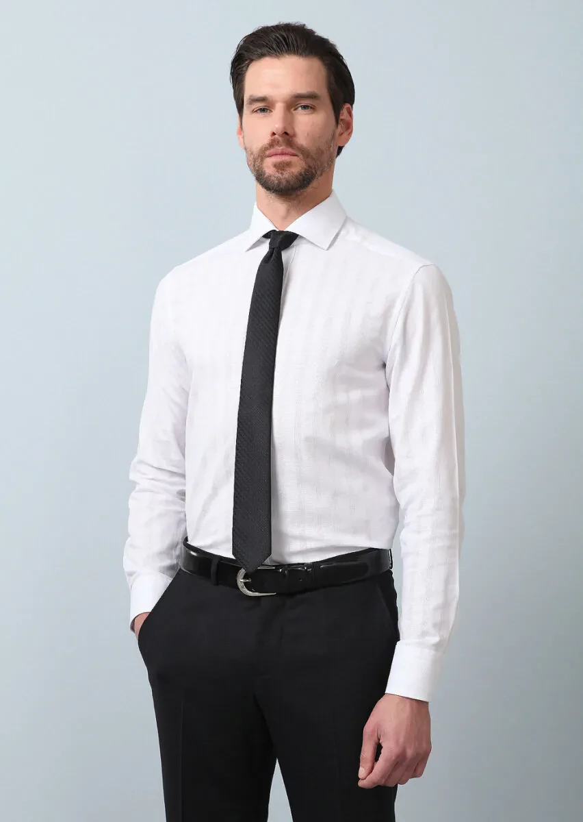 White Patterned Regular Fit Weaving Classical 100% Cotton Shirt - 3
