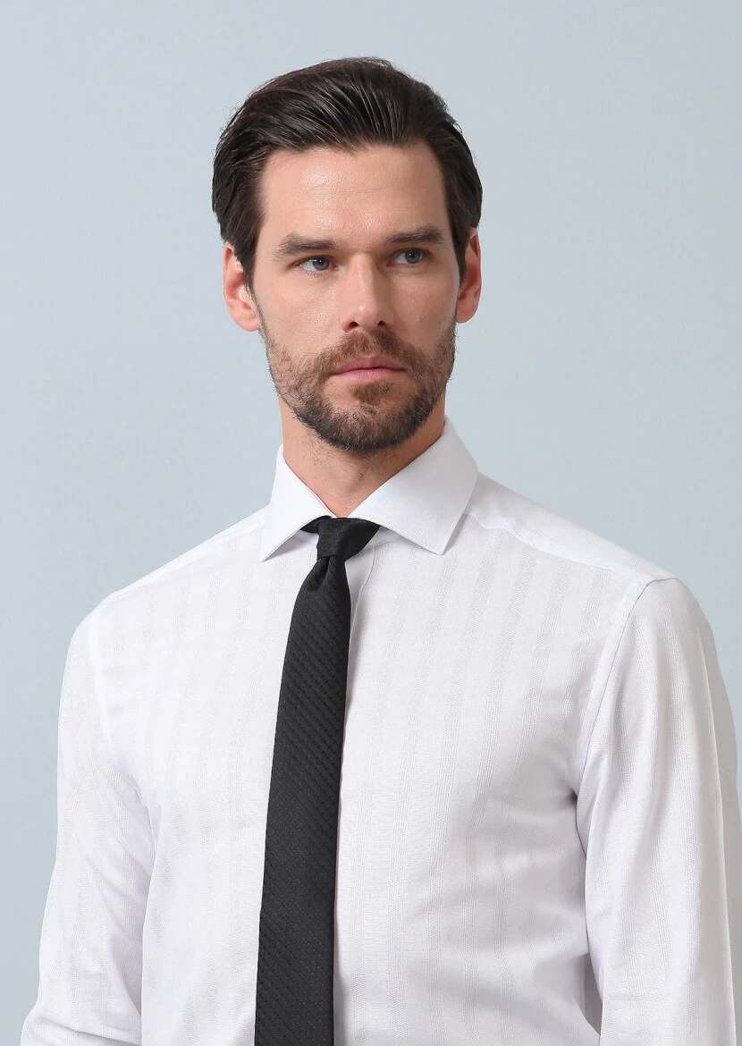 White Patterned Regular Fit Weaving Classical 100% Cotton Shirt - 4