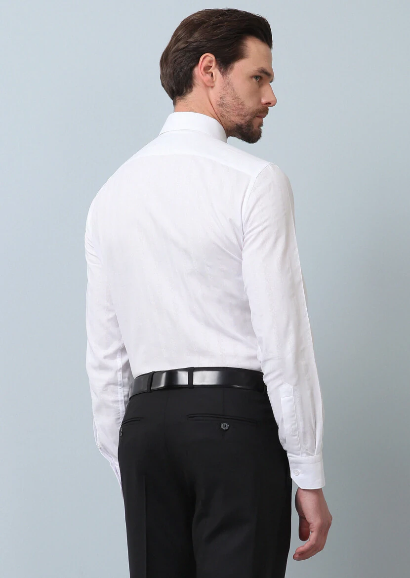 White Patterned Regular Fit Weaving Classical 100% Cotton Shirt - 6