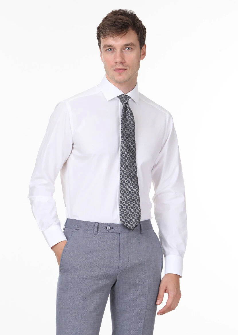 White Patterned Regular Fit Weaving Classical 100% Cotton Shirt - 1