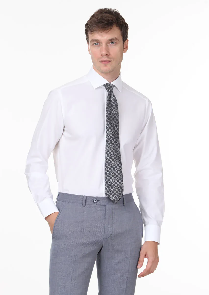 White Patterned Regular Fit Weaving Classical 100% Cotton Shirt - 1