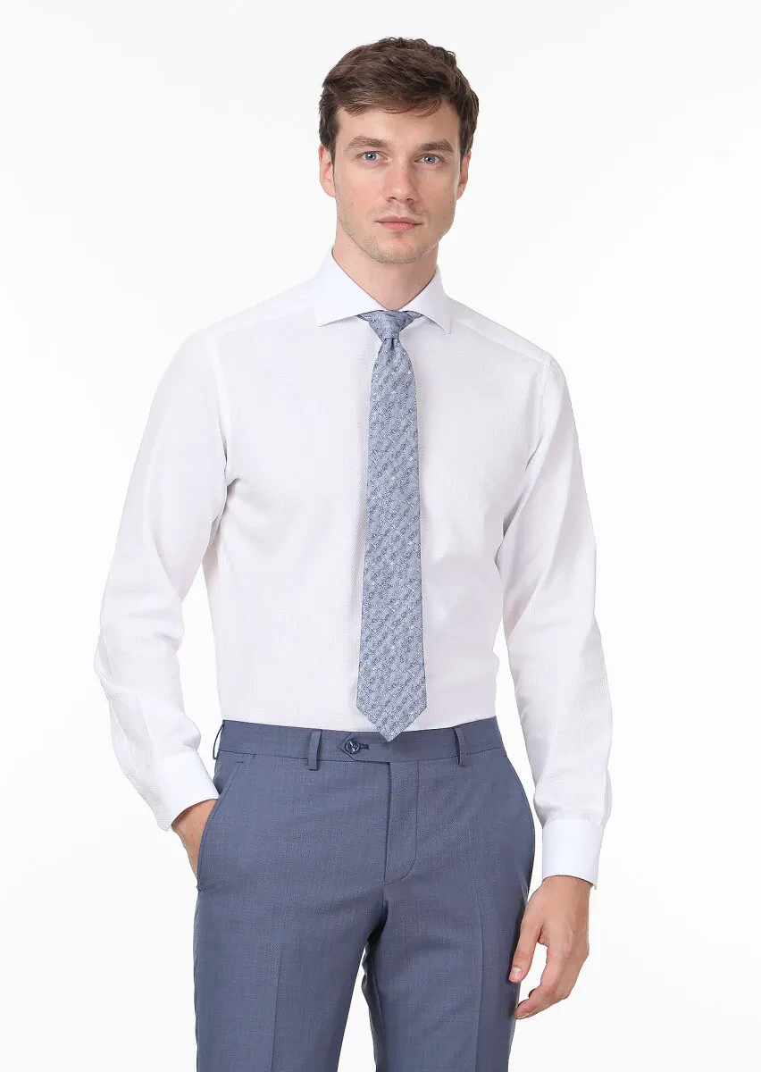 White Patterned Regular Fit Weaving Classical 100% Cotton Shirt - 1