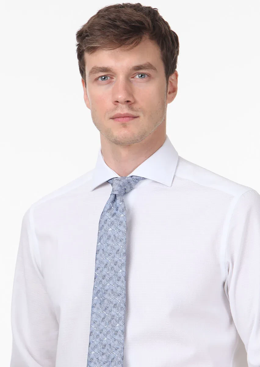 White Patterned Regular Fit Weaving Classical 100% Cotton Shirt - 2