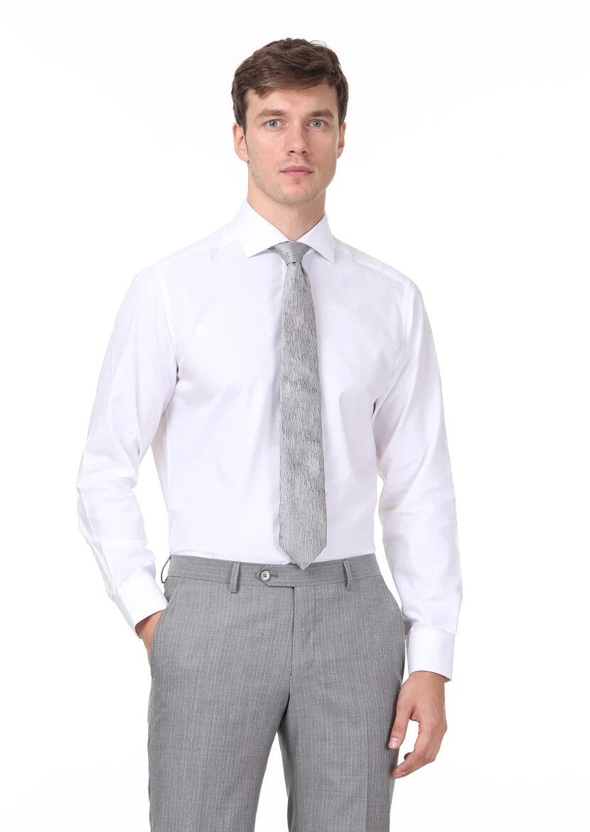 White Patterned Regular Fit Weaving Classical 100% Cotton Shirt - 1