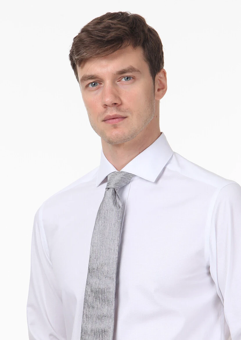 White Patterned Regular Fit Weaving Classical 100% Cotton Shirt - 2