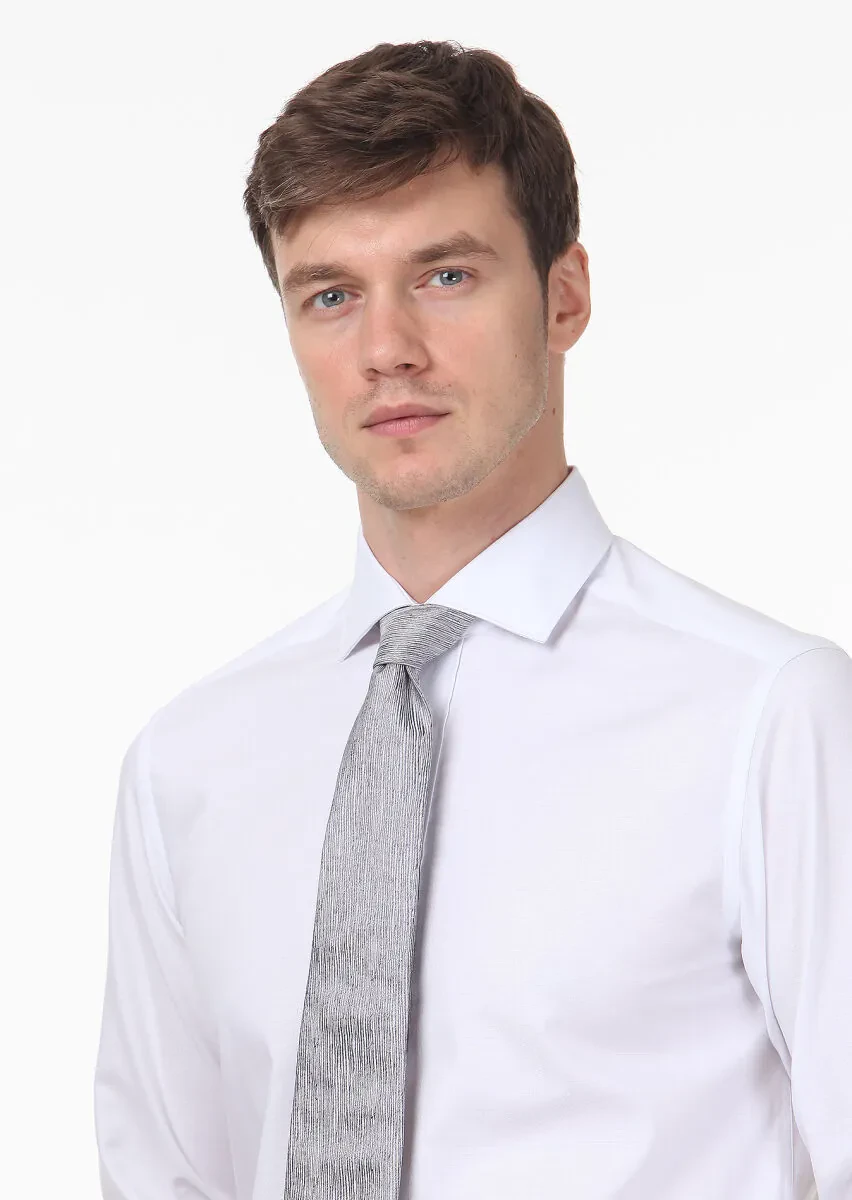 White Patterned Regular Fit Weaving Classical 100% Cotton Shirt - 2