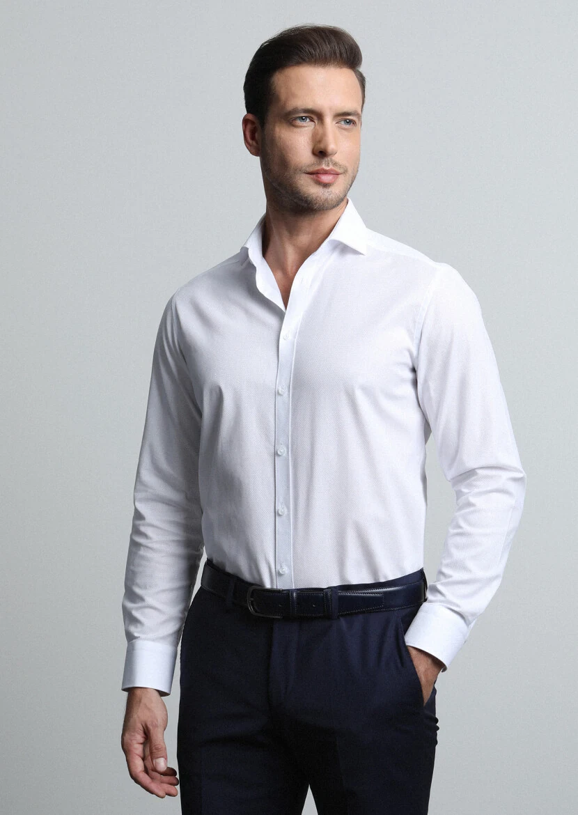White Patterned Regular Fit Weaving Classical 100% Cotton Shirt - RAMSEY
