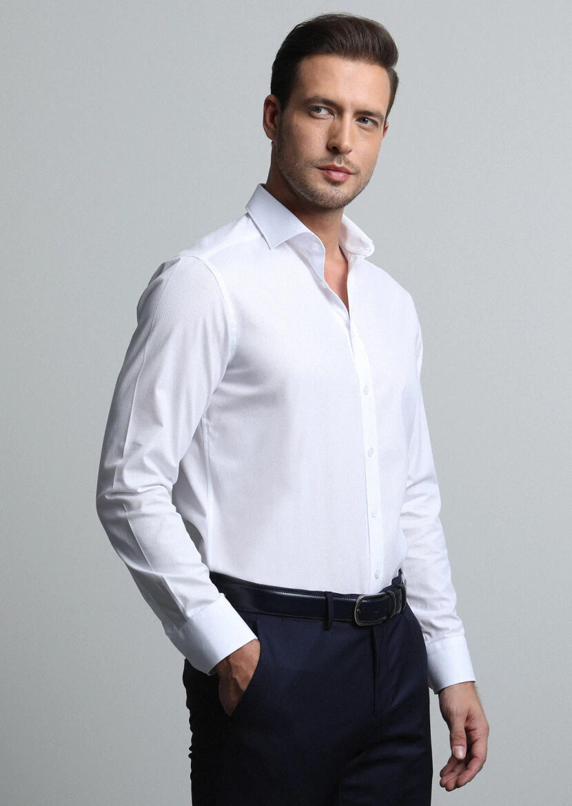 White Patterned Regular Fit Weaving Classical 100% Cotton Shirt - RAMSEY
