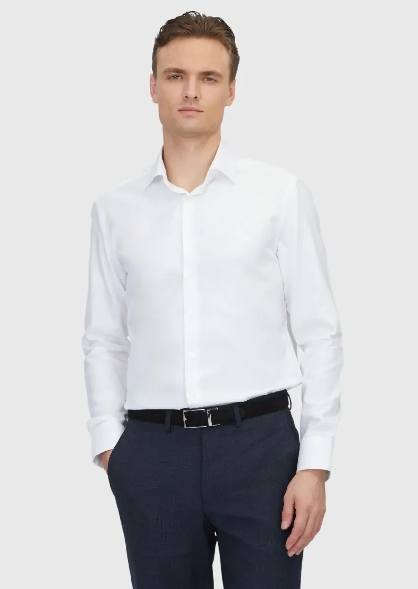 White Patterned Regular Fit Weaving Classical 100% Cotton Shirt - 1