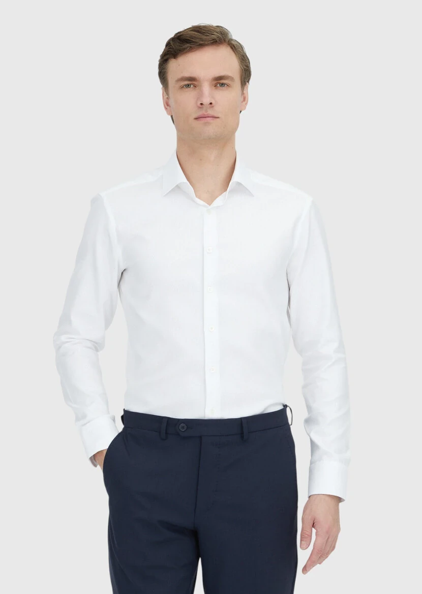 White Patterned Regular Fit Weaving Classical 100% Cotton Shirt - RAMSEY