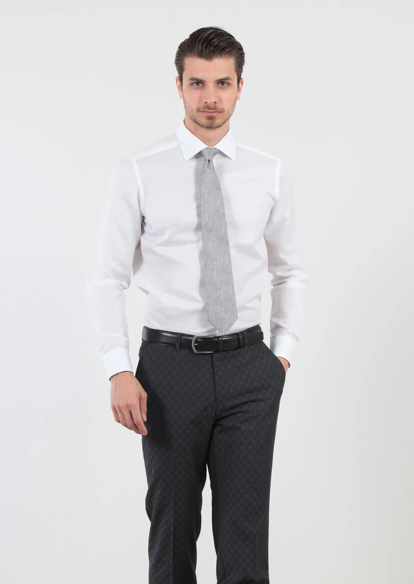 White Patterned Regular Fit Weaving Classical Cotton Blended Shirt - 1