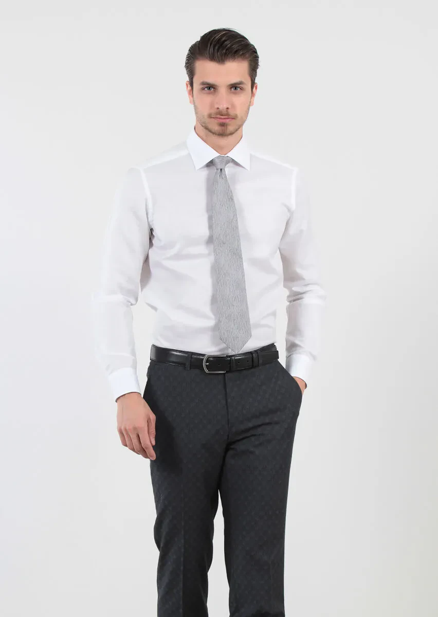 White Patterned Regular Fit Weaving Classical Cotton Blended Shirt - 1