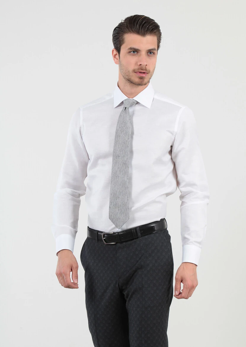 White Patterned Regular Fit Weaving Classical Cotton Blended Shirt - 3