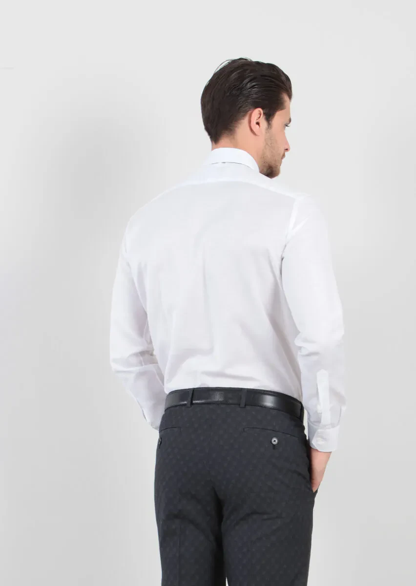 White Patterned Regular Fit Weaving Classical Cotton Blended Shirt - 5