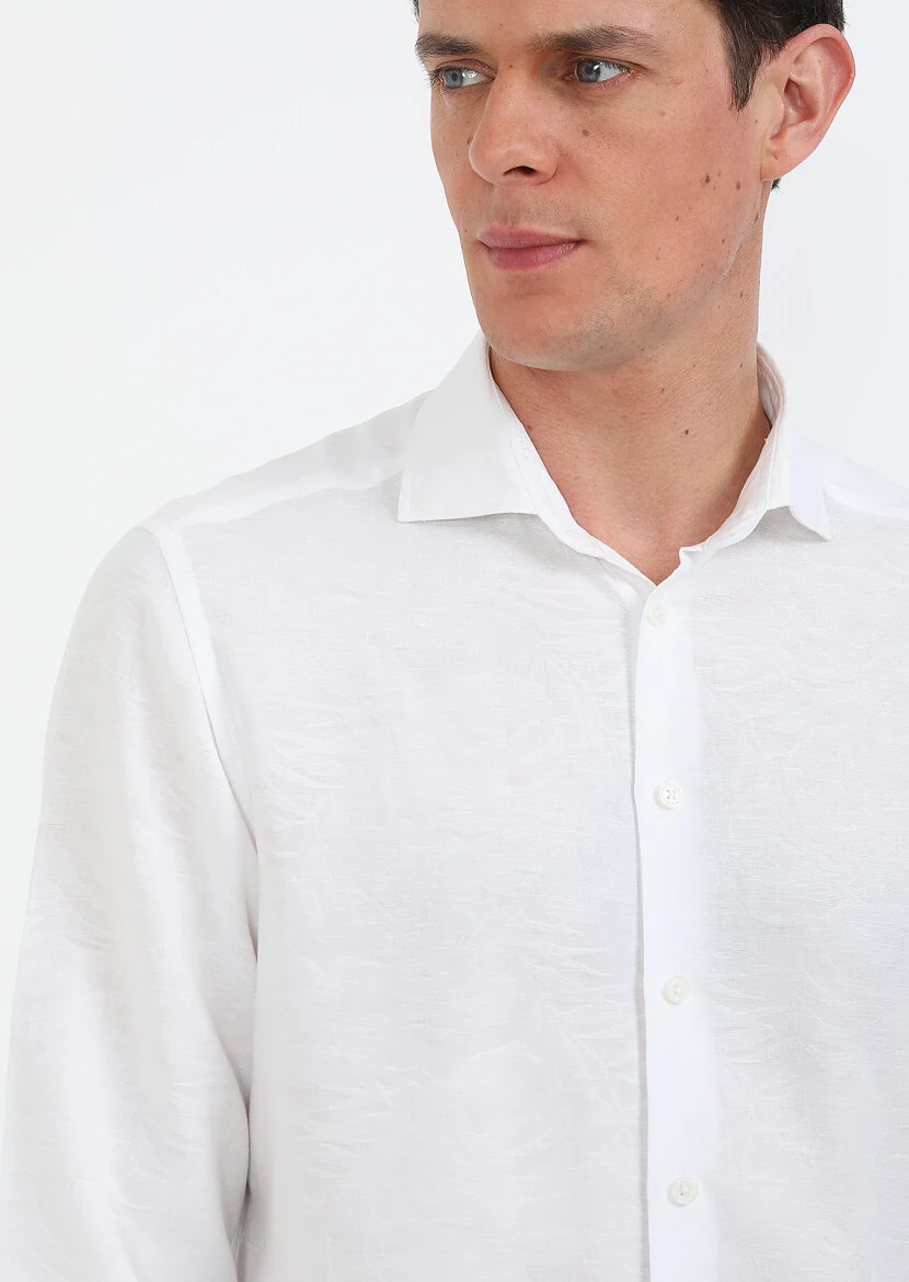 White Patterned Slim Fit Weaving Casual Cotton Blended Shirt - 3