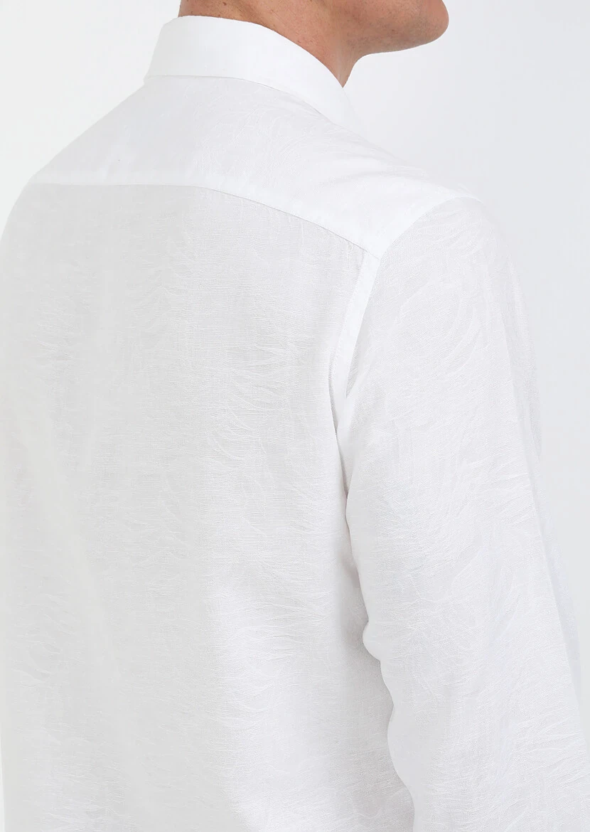 White Patterned Slim Fit Weaving Casual Cotton Blended Shirt - 4