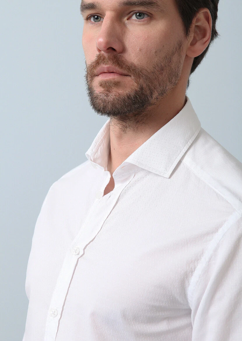 White Patterned Slim Fit Weaving Casual Cotton Blended Shirt 