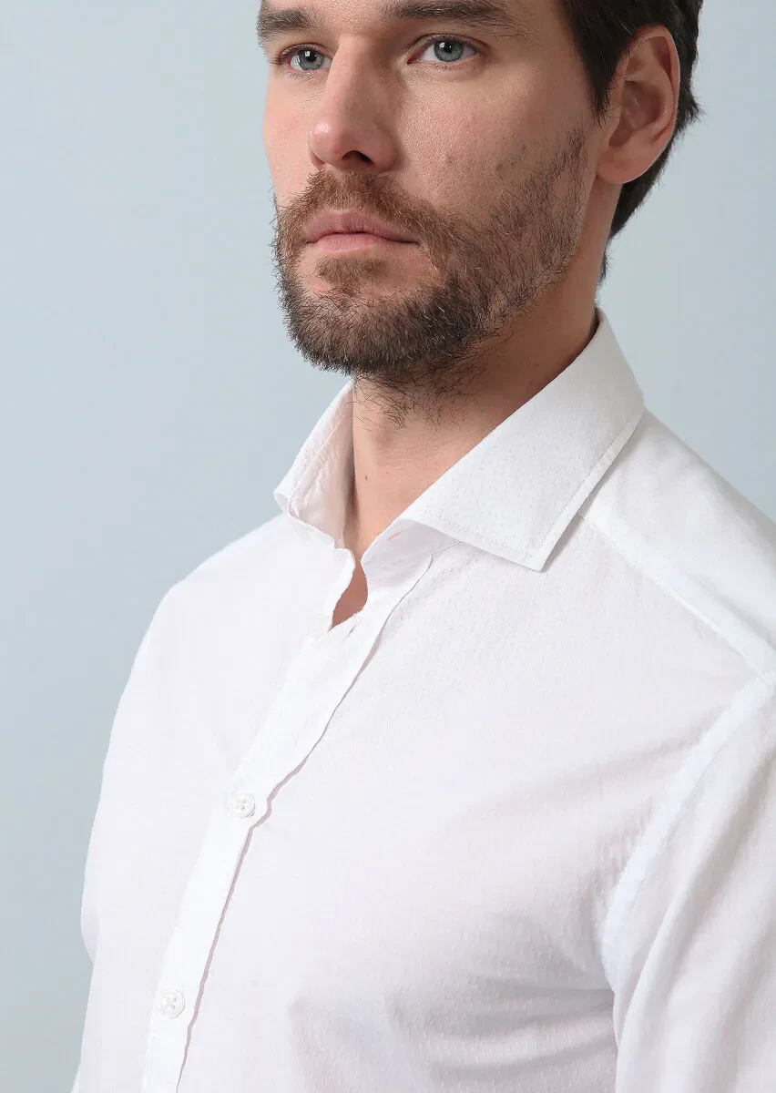 White Patterned Slim Fit Weaving Casual Cotton Blended Shirt - 2