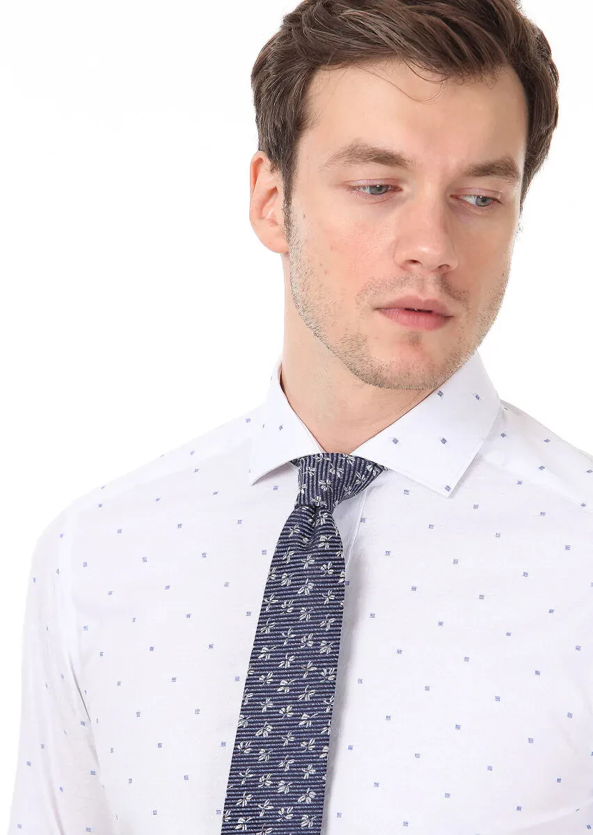 White Patterned Slim Fit Weaving Classical 100% Cotton Shirt - 2