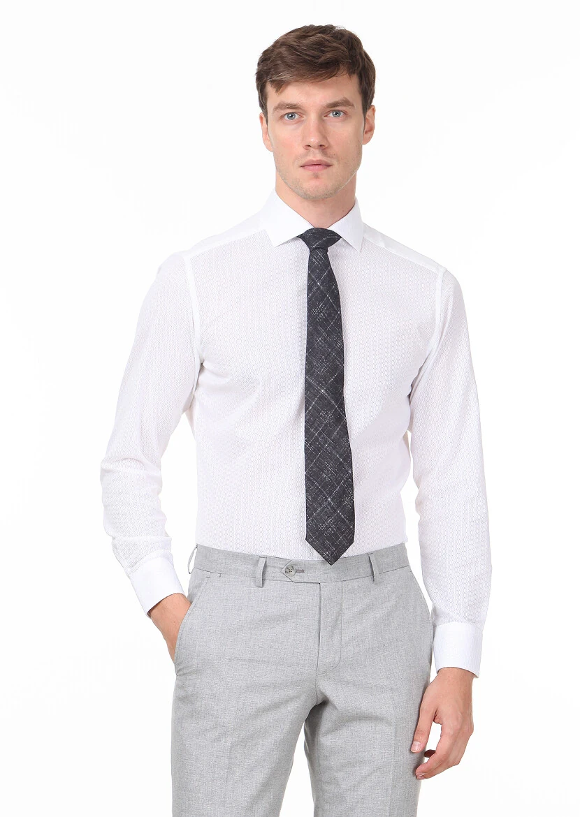 White Patterned Slim Fit Weaving Classical 100% Cotton Shirt - 1