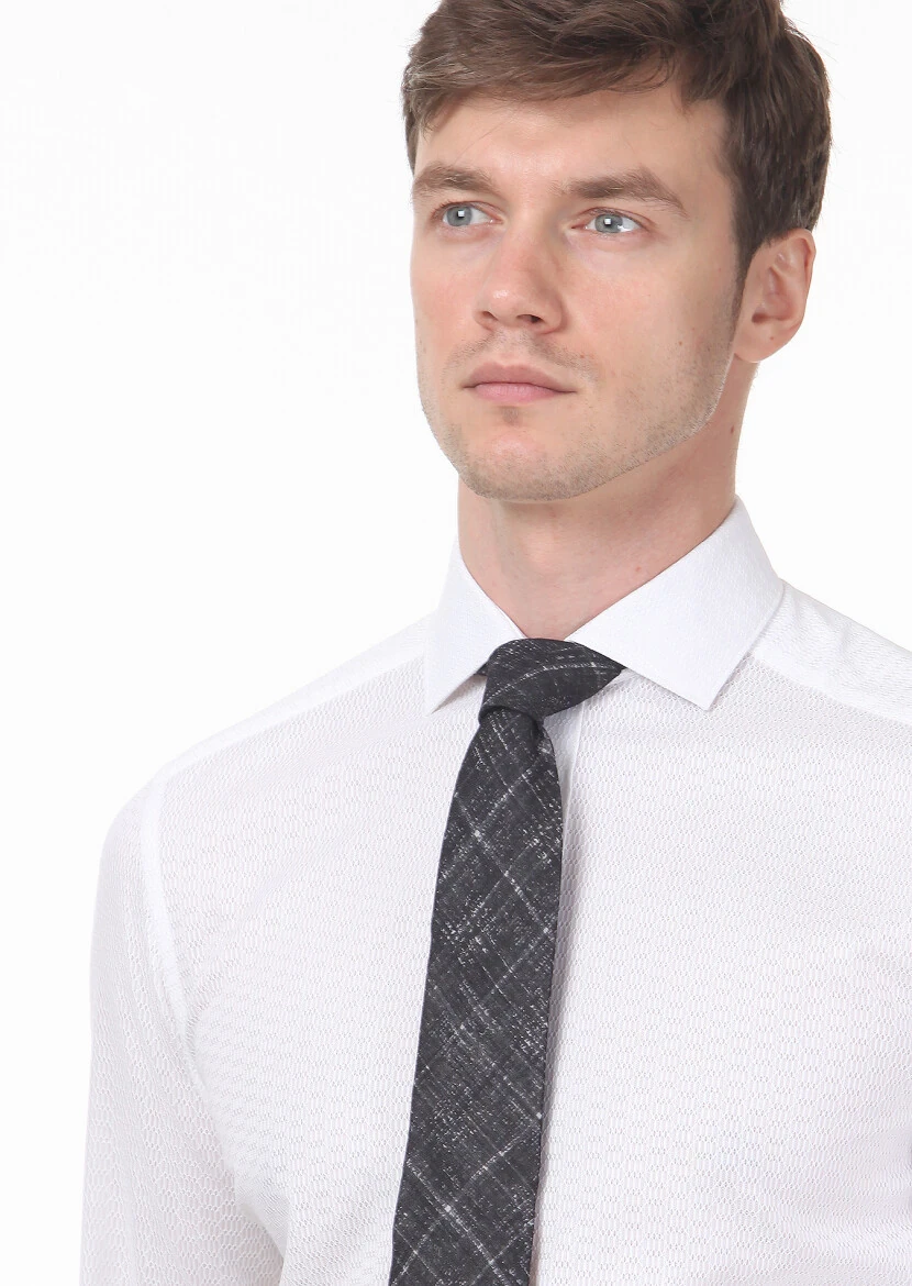 White Patterned Slim Fit Weaving Classical 100% Cotton Shirt 