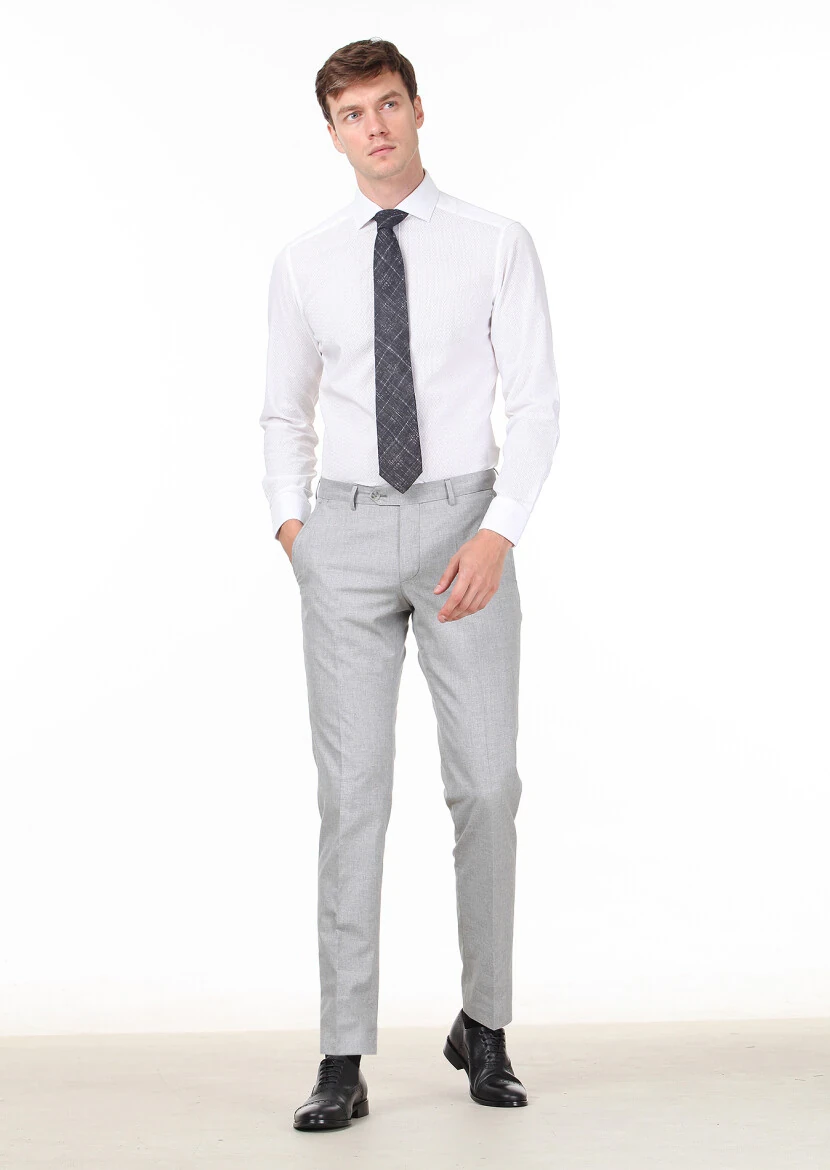 White Patterned Slim Fit Weaving Classical 100% Cotton Shirt - 3