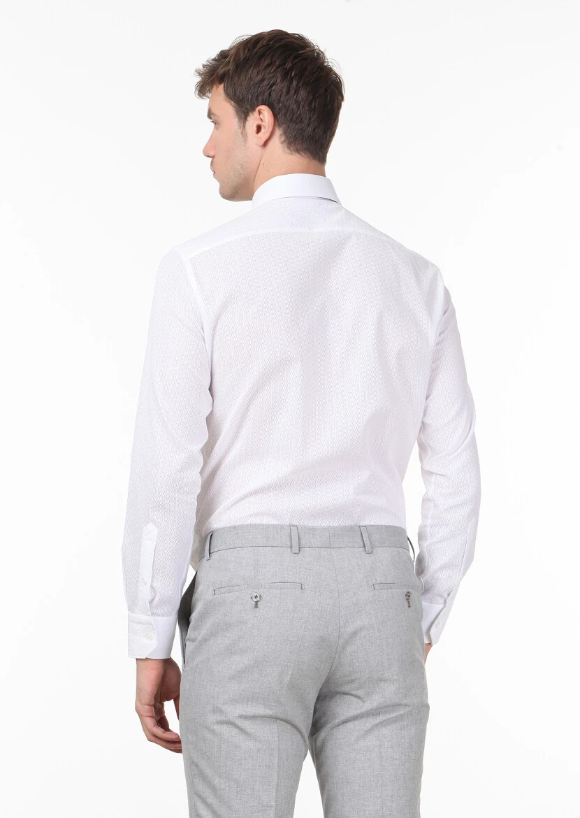 White Patterned Slim Fit Weaving Classical 100% Cotton Shirt - 4