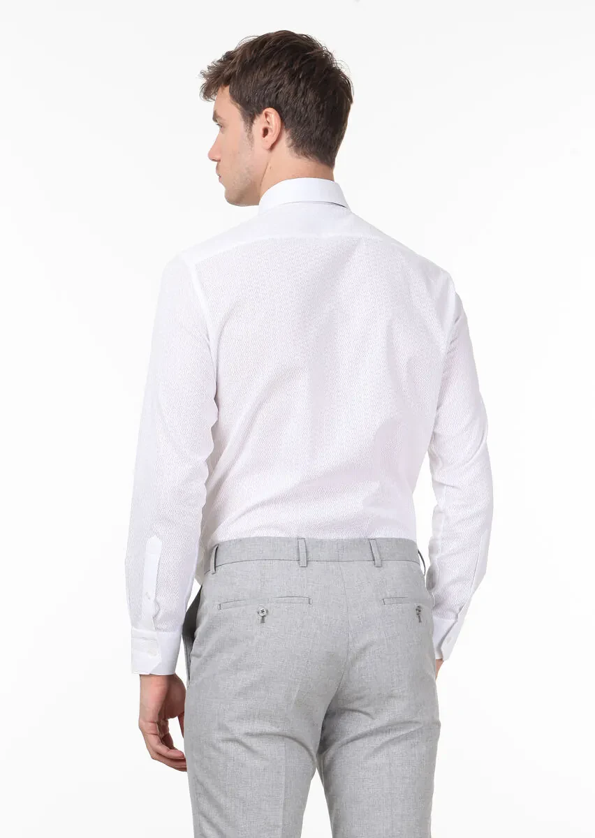 White Patterned Slim Fit Weaving Classical 100% Cotton Shirt - 4