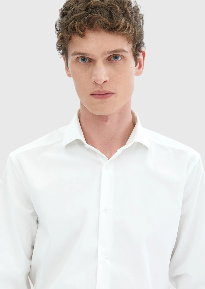 White Plain Casual Fit Weaving Casual 100% Cotton Shirt - 5