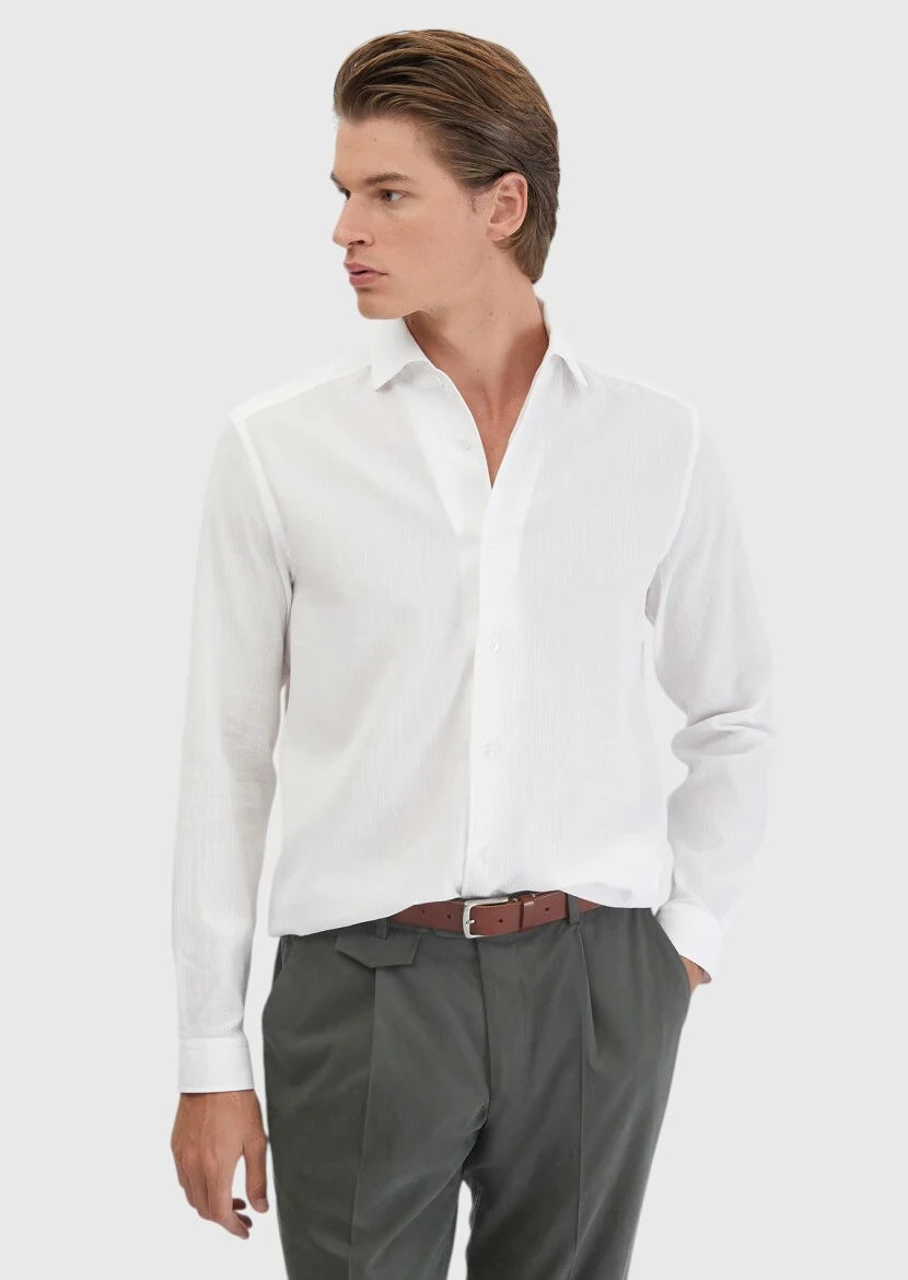 White Plain Casual Fit Weaving Casual 100% Cotton Shirt - RAMSEY