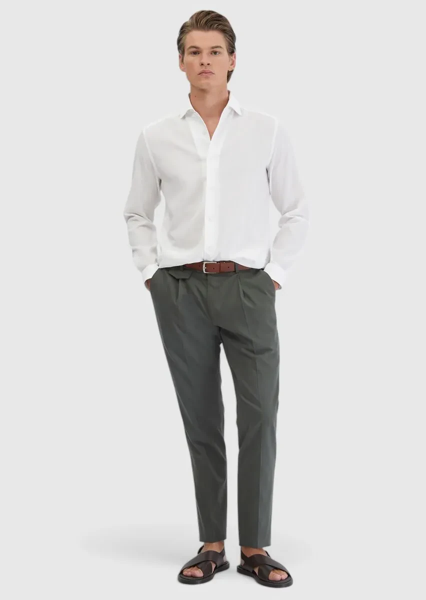 White Plain Casual Fit Weaving Casual 100% Cotton Shirt - 2