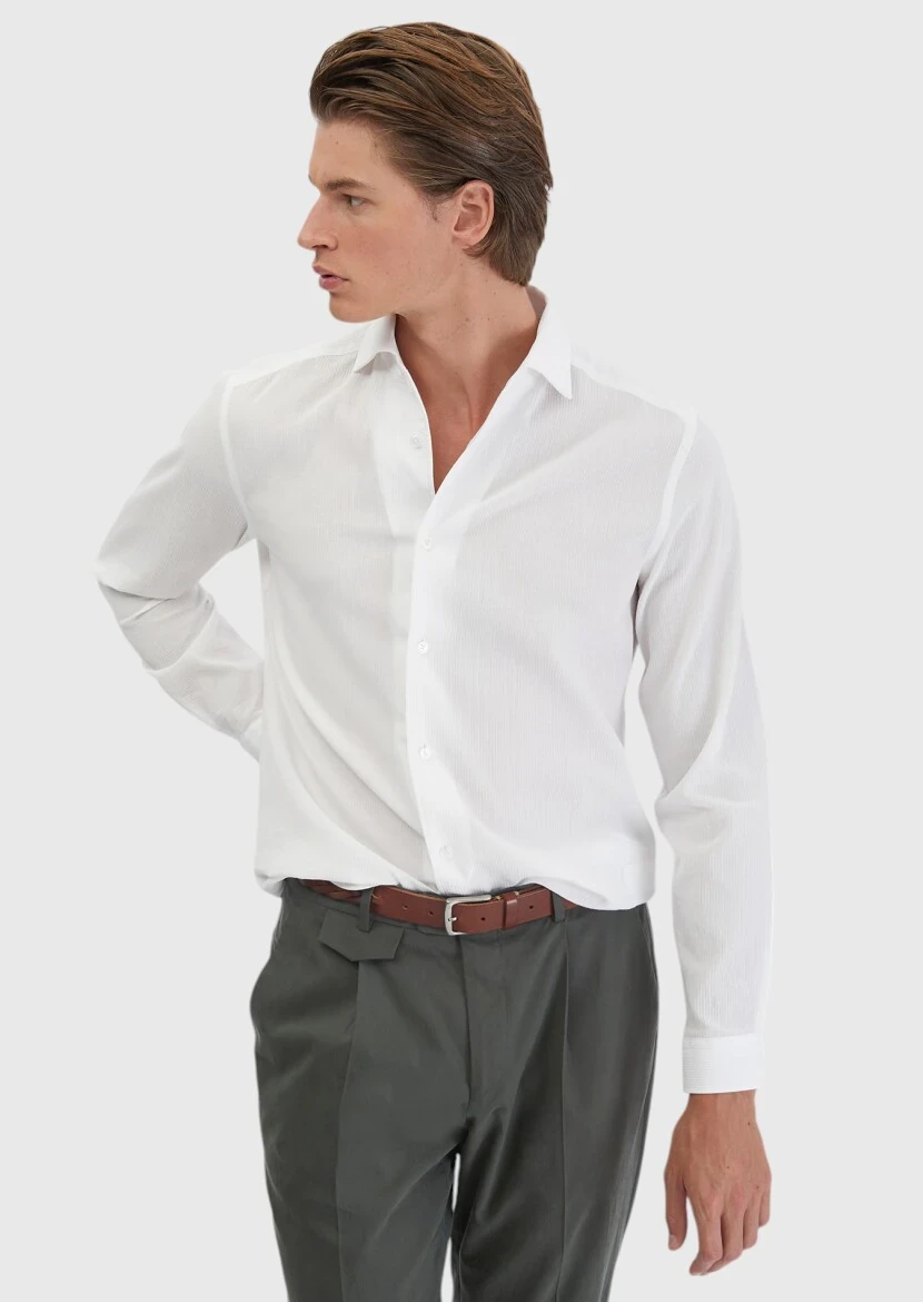 White Plain Casual Fit Weaving Casual 100% Cotton Shirt - 3