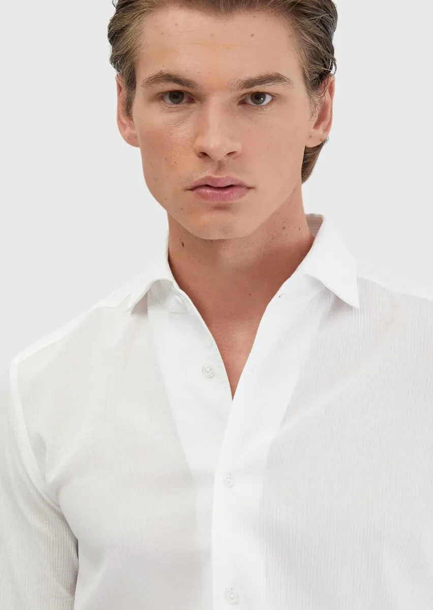 White Plain Casual Fit Weaving Casual 100% Cotton Shirt - 4