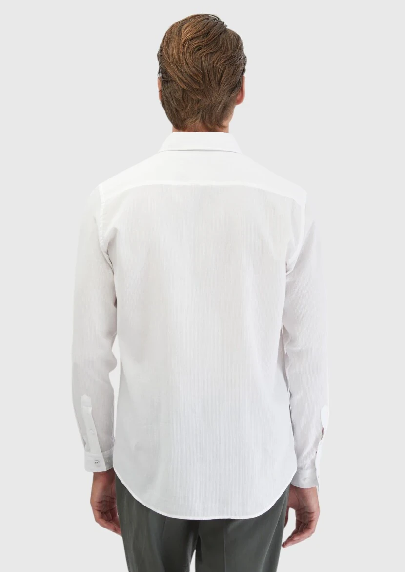 White Plain Casual Fit Weaving Casual 100% Cotton Shirt - 6