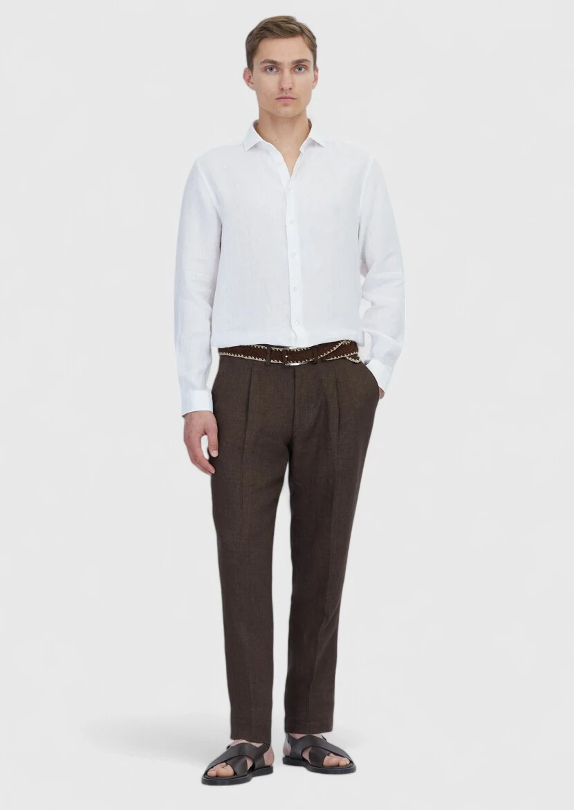 White Plain Casual Fit Weaving Casual 100% Linen Shirt - RAMSEY