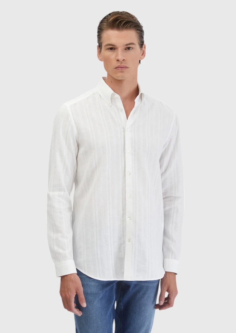 White Plain Casual Fit Weaving Casual Cotton Blended Shirt - 3