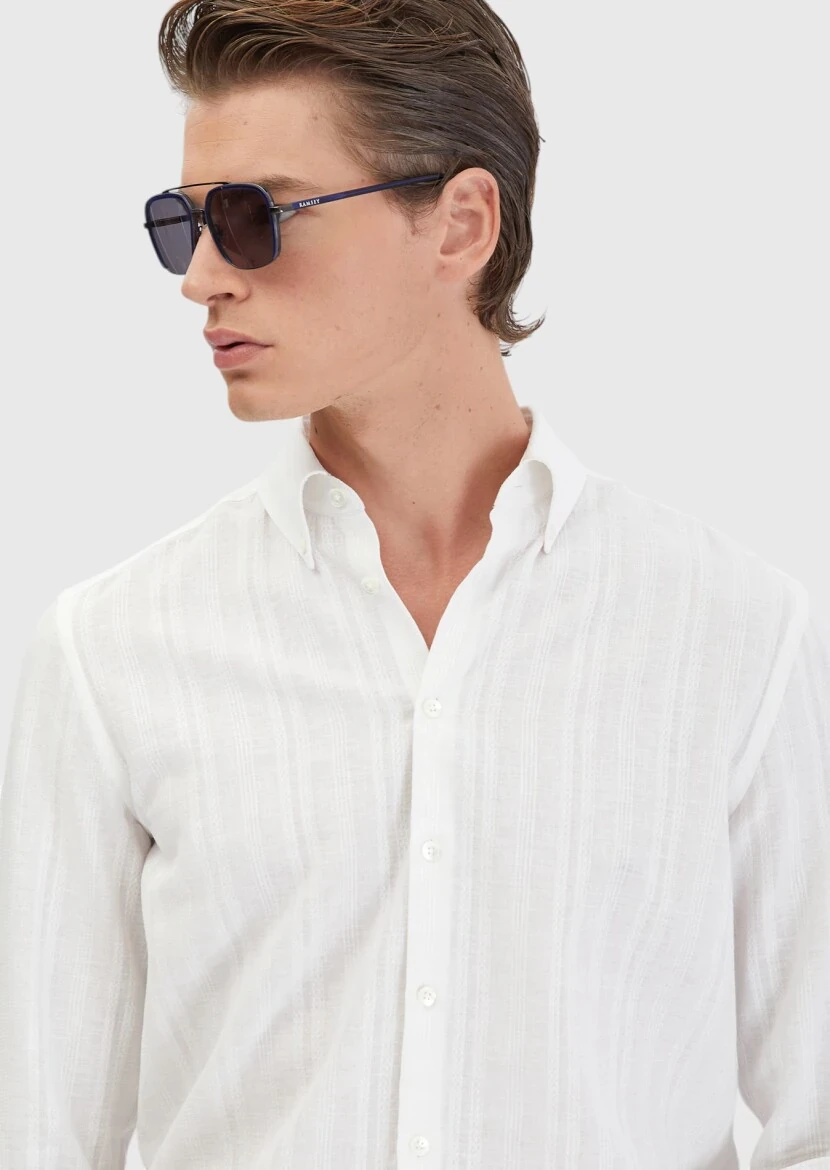 White Plain Casual Fit Weaving Casual Cotton Blended Shirt - 4