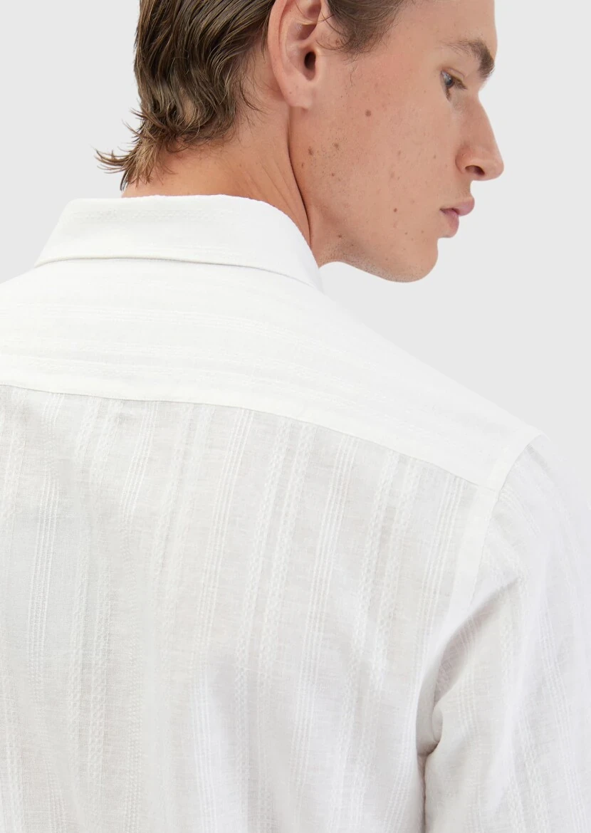 White Plain Casual Fit Weaving Casual Cotton Blended Shirt - 5