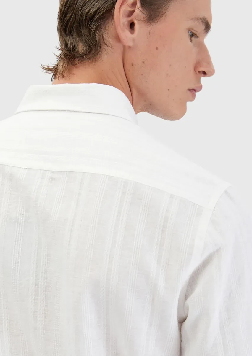 White Plain Casual Fit Weaving Casual Cotton Blended Shirt - 5