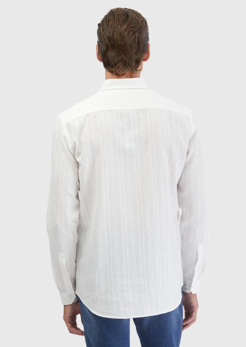 White Plain Casual Fit Weaving Casual Cotton Blended Shirt - 6
