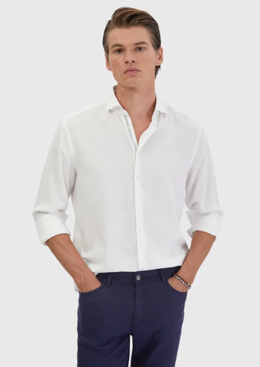 White Plain Casual Fit Weaving Casual Shirt - RAMSEY