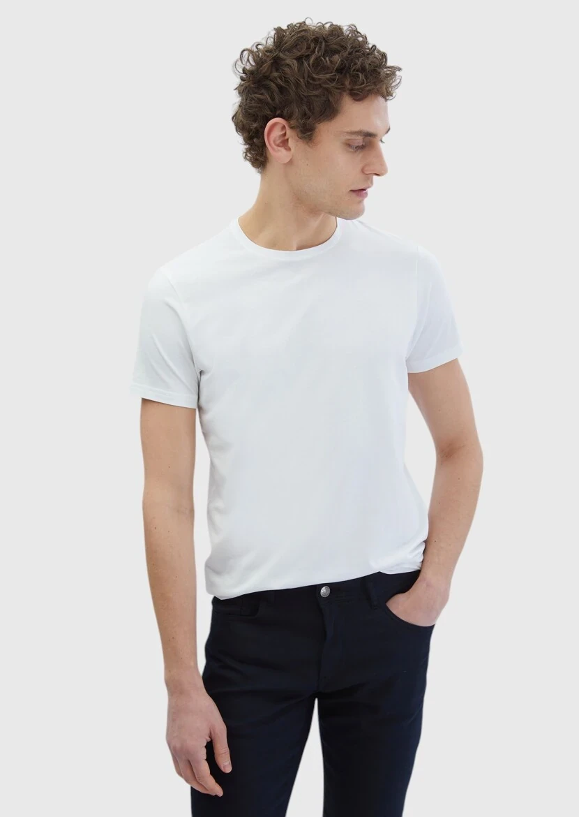 White Plain Crew Neck Cotton Blended T-Shirt - RAMSEY