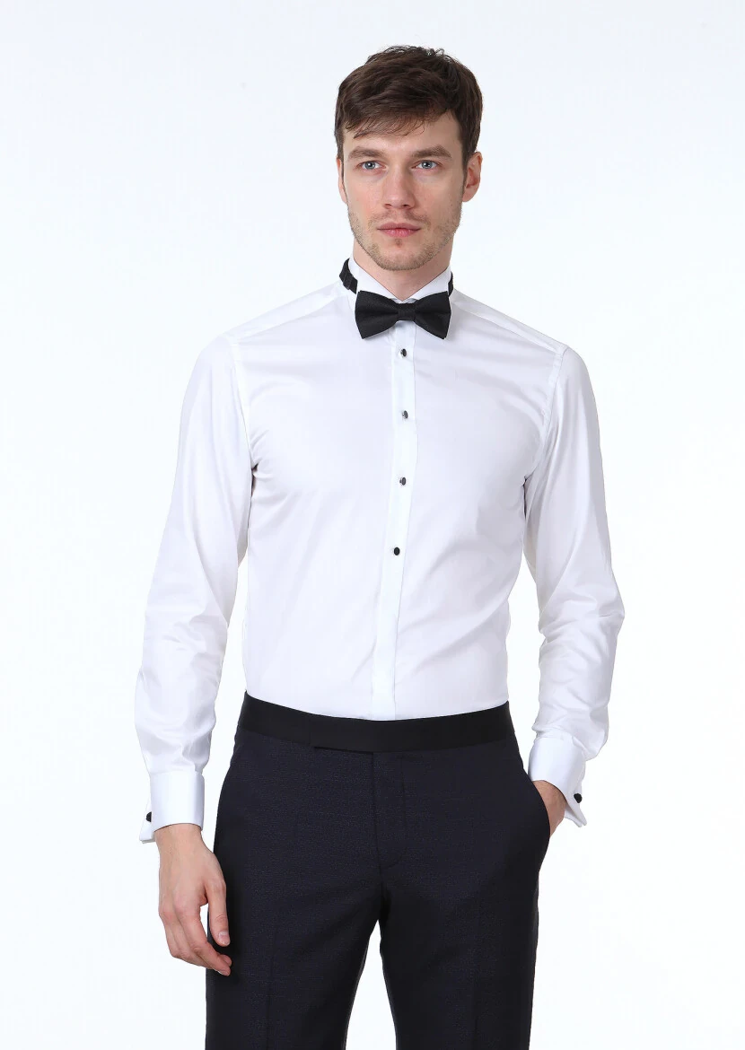 White Plain Fitted Fit Double Cuff Wing Collar Tuxedo Shirts - RAMSEY